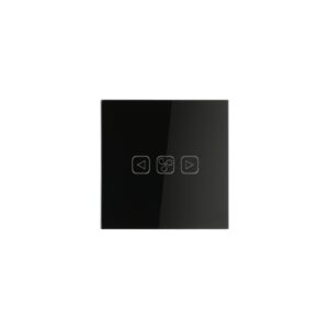 Black Squricle smart fan speed control switch with three touch buttons: an 'up' arrow, a fan icon for power, and a 'down' arrow, featuring a sleek glass panel design.