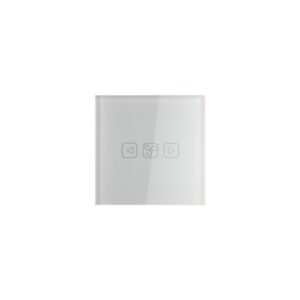 White Squricle smart fan speed control switch with three touch buttons: an 'up' arrow, a fan icon for power, and a 'down' arrow, featuring a sleek glass panel design.