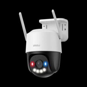 IMOU outdoor PTZ security camera with dual antennas, smart color night vision, active deterrence red/blue lights, and spotlight, against a black background.