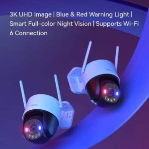 Two IMOU Cruiser SC outdoor cameras with key features: 3K UHD Image, Blue & Red Warning Light, Smart Full-color Night Vision, and Wi-Fi 6 Connection support.