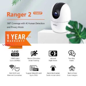 IMOU Ranger 2 1080P camera features grid including 360° coverage, AI human detection, night vision, two-way audio, Wi-Fi/Ethernet, microSD, alarm, and built-in siren.