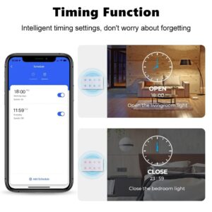 Smartphone app displaying intelligent timing functions for a smart light switch, including countdown and schedule settings to automatically open living room lights at 18:00 and close bedroom lights at 23:59.