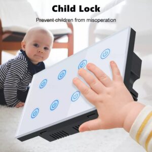 Smart light switch featuring a "Child Lock" function, depicted with a baby's hand reaching for the switch and a baby crawling in the background, to prevent accidental operation.