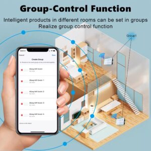 Smartphone app demonstrating "Group-Control Function" for smart switches in different rooms, showing a floor plan with multiple 8-gang WiFi switches grouped for unified control.