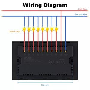 Detailed wiring diagram for an 8-gang light switch, illustrating connections for live wire, neutral wire, and 8 individual lamp loads, with dimensions indicating 122mm width.