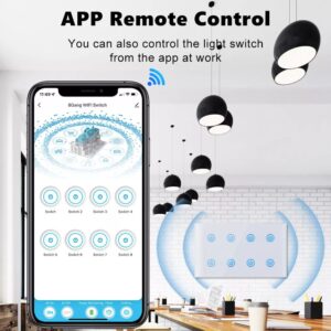 Smartphone displaying remote control app for an 8-gang WiFi light switch, positioned in a modern office setting with hanging lights and a white smart switch on the wall, emphasizing remote control capability.