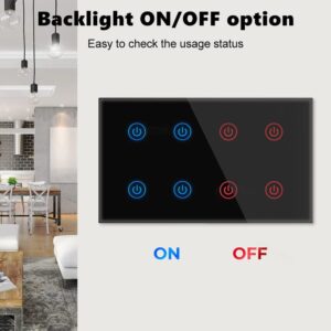 Black smart light switch with "Backlight ON/OFF option," showing blue (ON) and red (OFF) illuminated touch icons, set in a stylish living and dining room background, for easy usage status check.