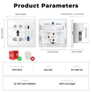 Universal Wall Socket Dimensions Parameters WiFi BLE 13A PC ABS