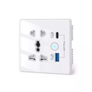 White Universal Wall Socket USB-C PD USB-A QC Smart Charger Front Angled
