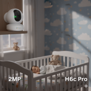 EZVIZ H6c Pro smart camera monitoring a baby's nursery, symbolizing peace of mind for parents with two-way talk and night vision.