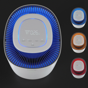Air purifier control panel displaying PM2.5 level and different color indicators (blue, orange, red) for real-time air quality status.