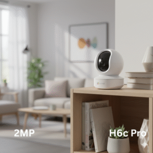 EZVIZ H6c Pro indoor security camera on a living room shelf, demonstrating sleek home integration and 2MP Full HD quality.